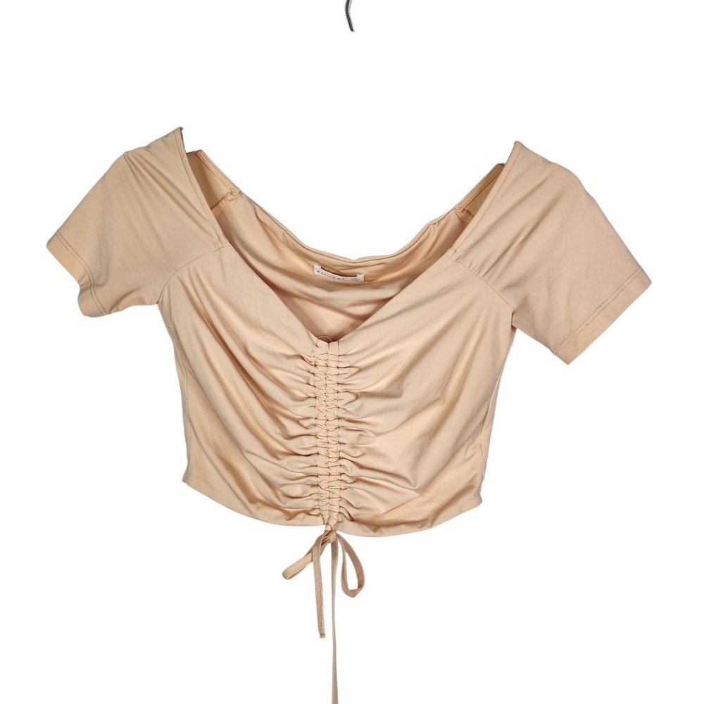 KOOKAI Shirt Womens 2 Beige Light Mango Ruched V Neck Drawstring Short Crop Top
